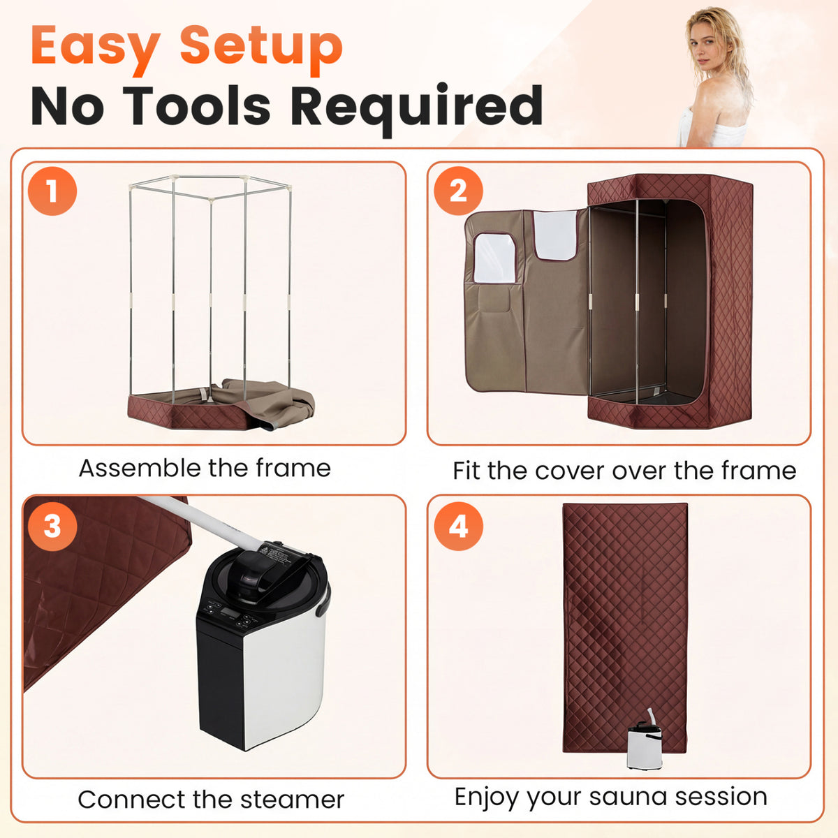 3L Portable Steam Sauna for Home Fast-Heat with 9-Level Remote Control and Folding Chair-Brown
