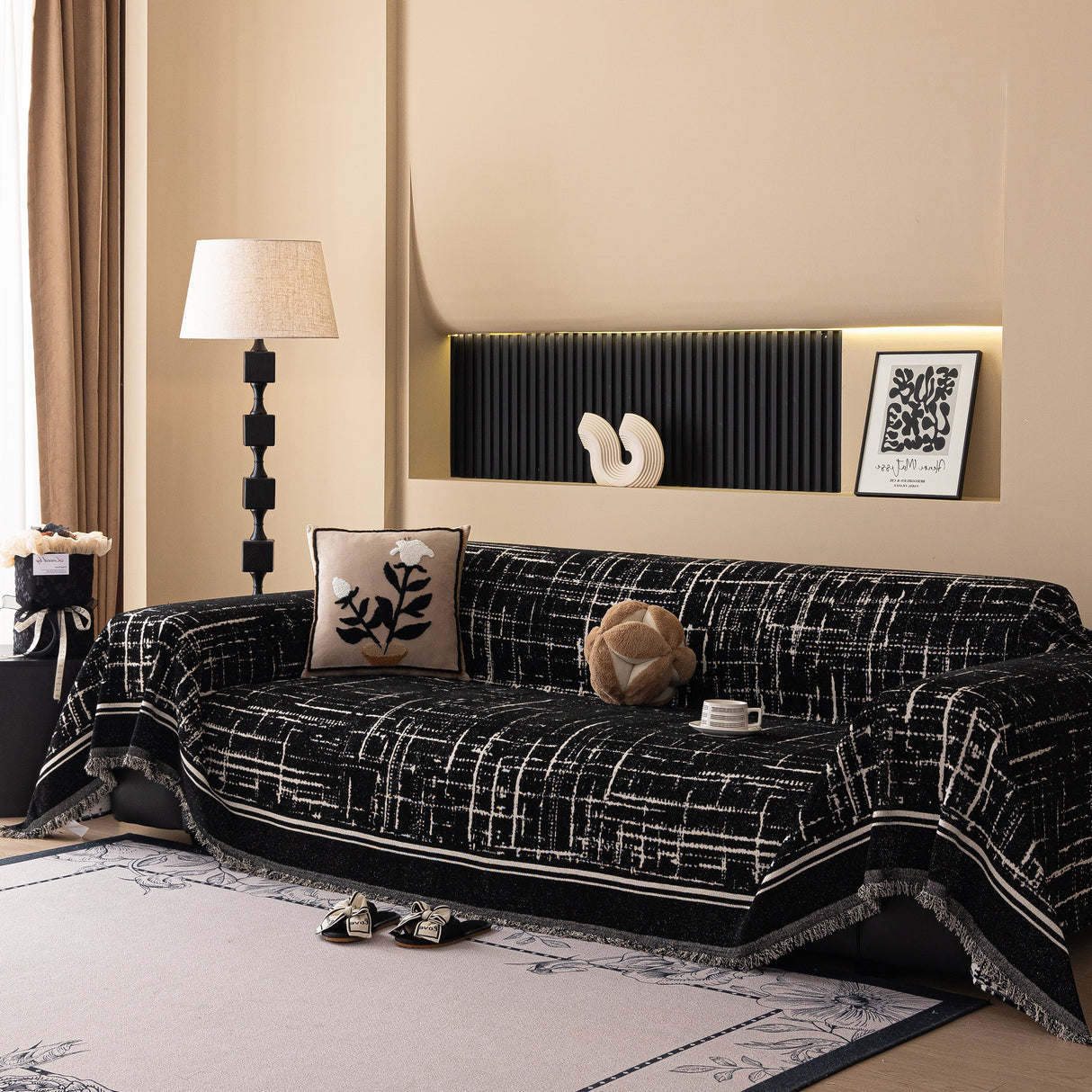 Modern Couch Protector Blanket Woven Chenille Sofa Cover Throw with Artistic Grid