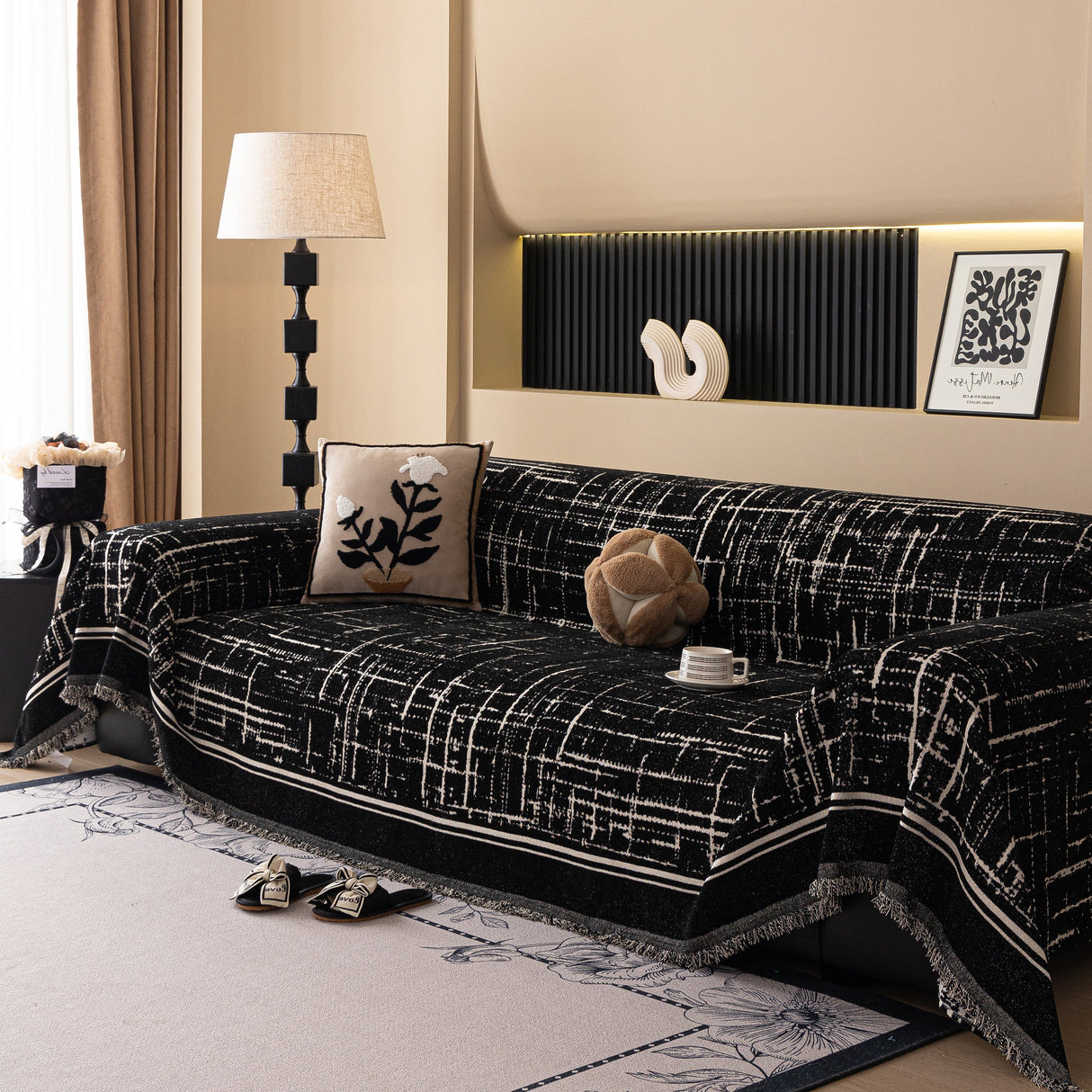 Modern Couch Protector Blanket Woven Chenille Sofa Cover Throw with Artistic Grid