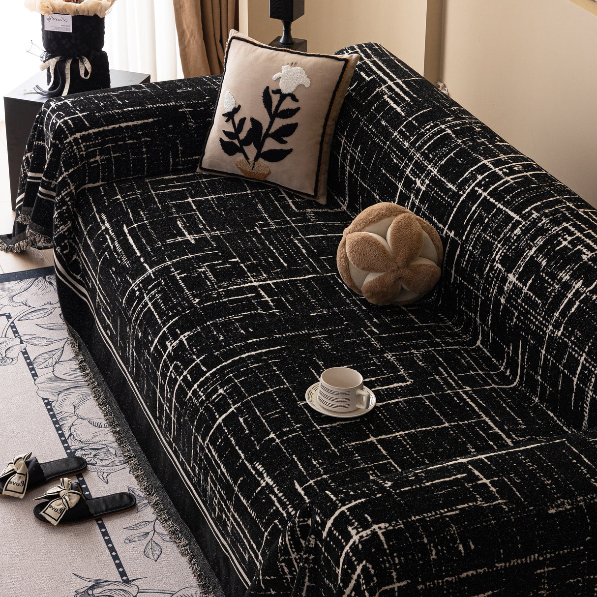 Modern Couch Protector Blanket Woven Chenille Sofa Cover Throw with Artistic Grid