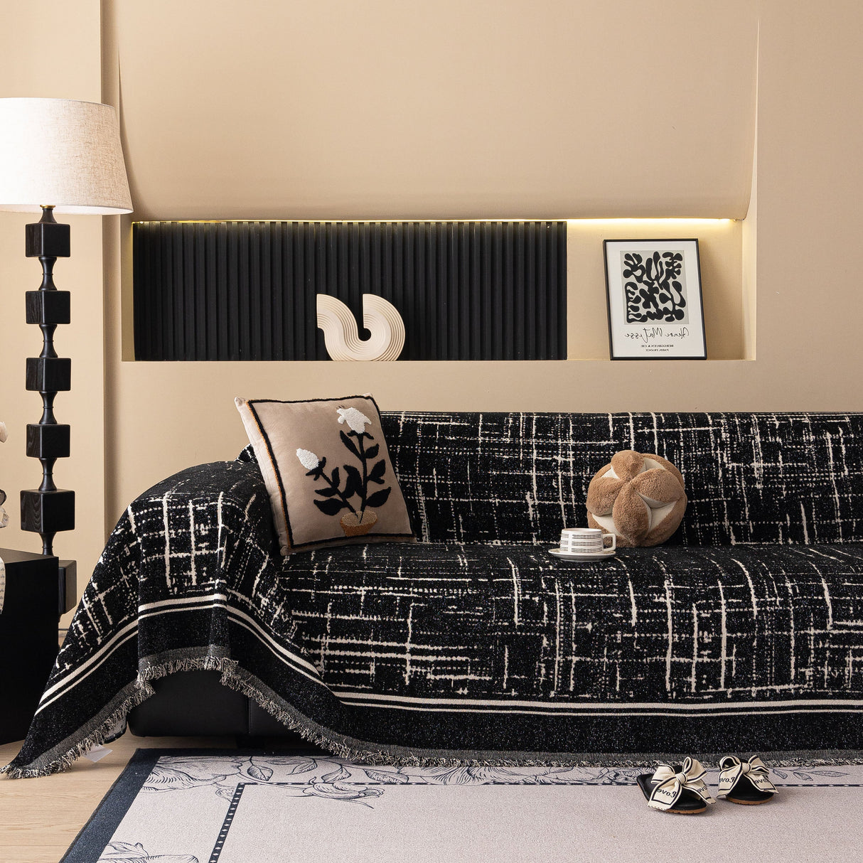 Modern Couch Protector Blanket Woven Chenille Sofa Cover Throw with Artistic Grid