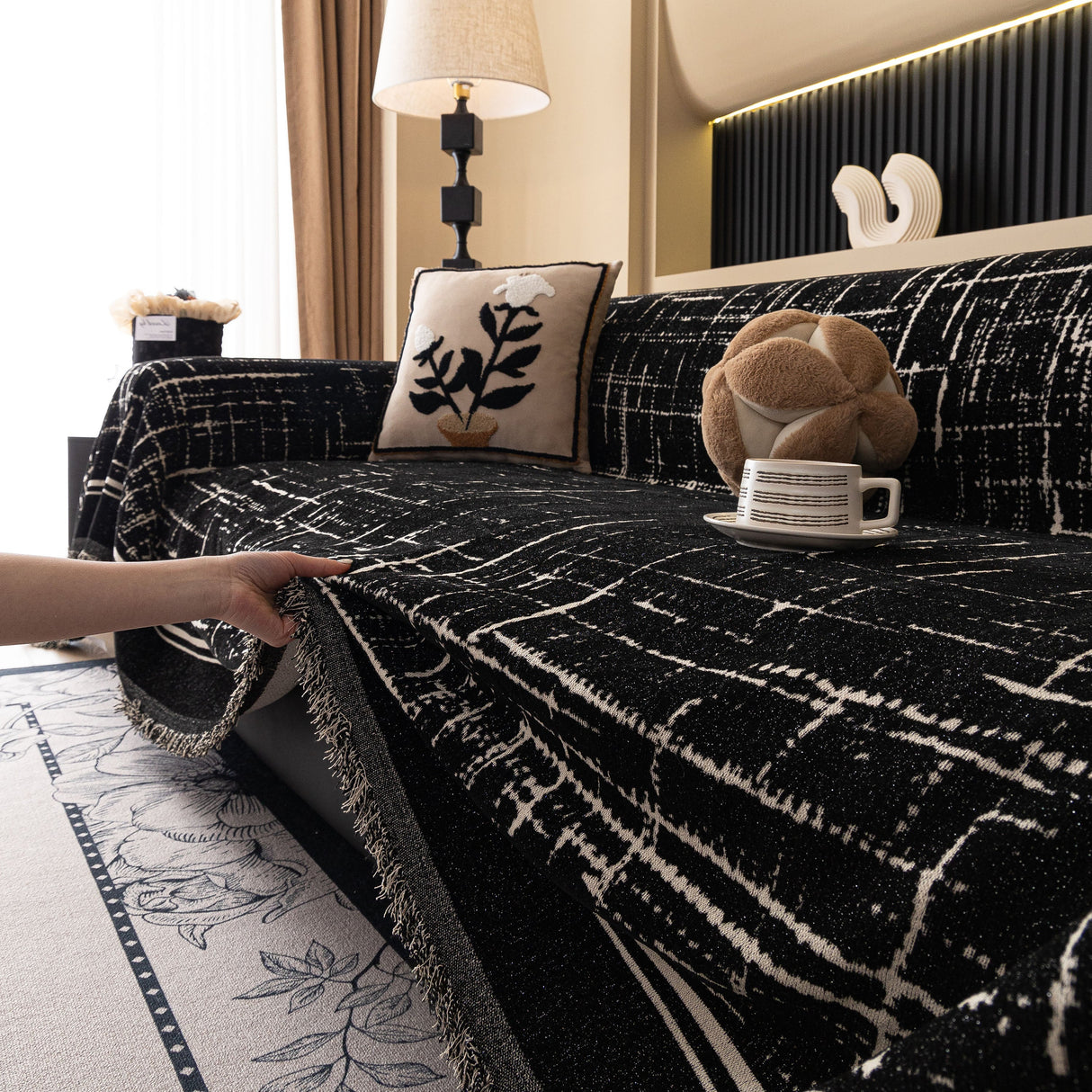 Modern Couch Protector Blanket Woven Chenille Sofa Cover Throw with Artistic Grid