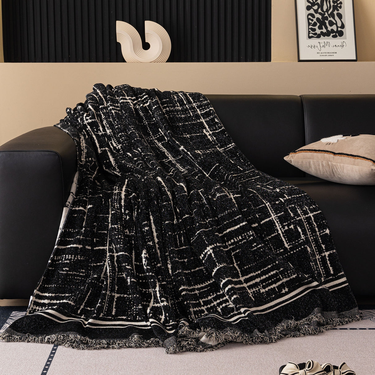 Modern Couch Protector Blanket Woven Chenille Sofa Cover Throw with Artistic Grid