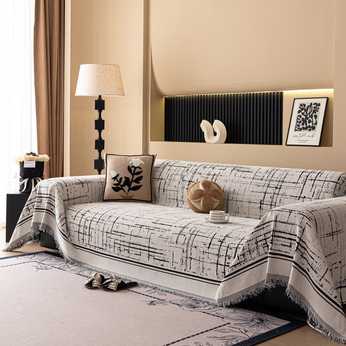 Modern Couch Protector Blanket Woven Chenille Sofa Cover Throw with Artistic Grid