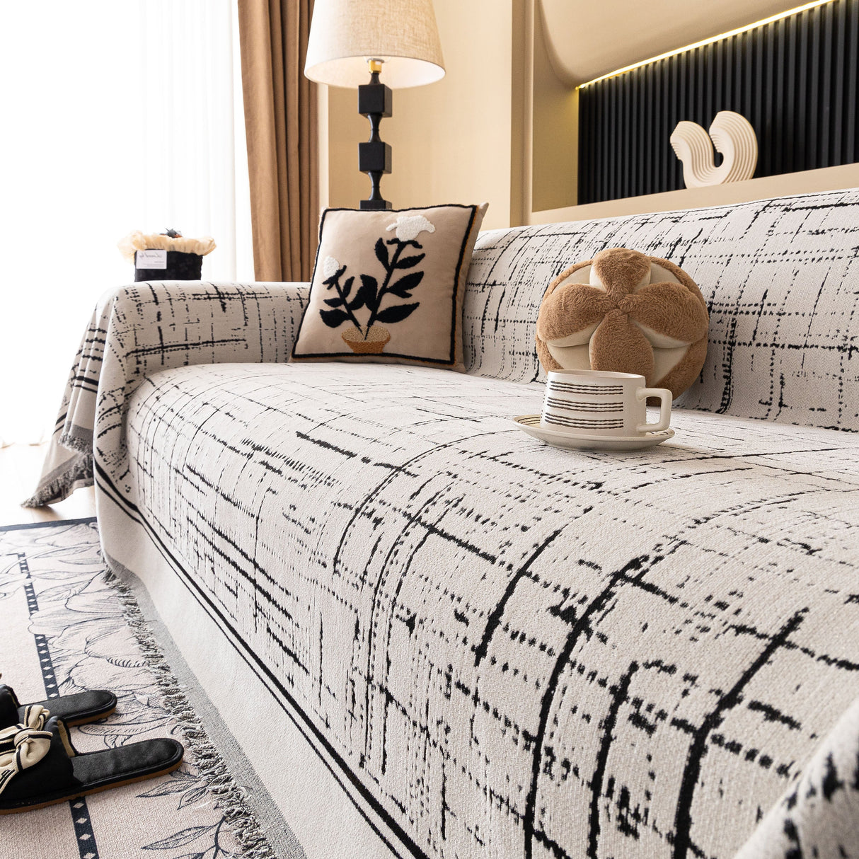 Modern Couch Protector Blanket Woven Chenille Sofa Cover Throw with Artistic Grid