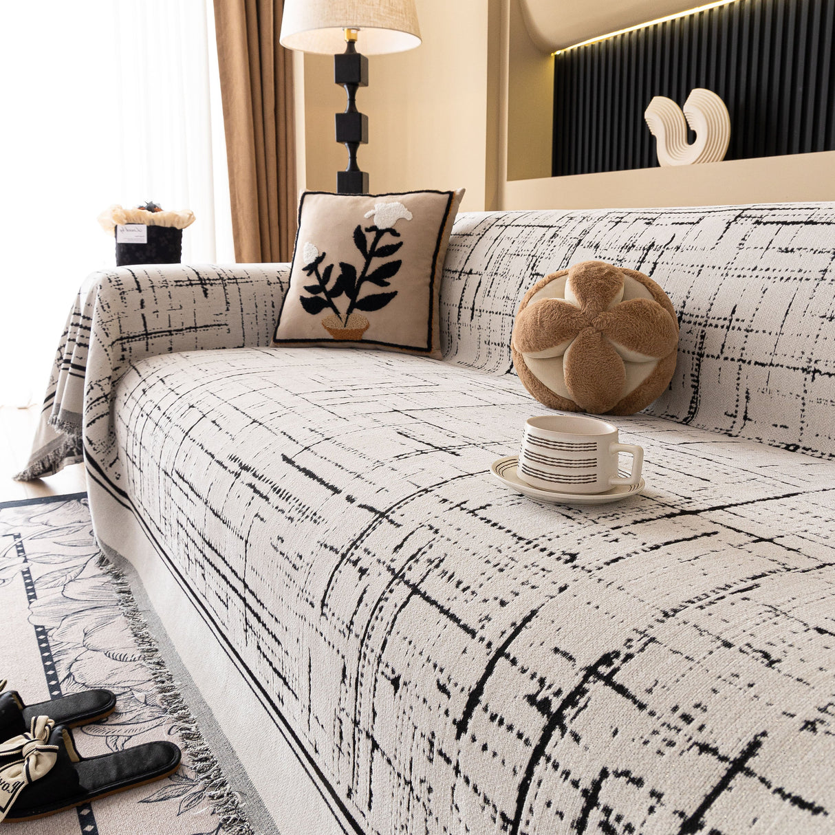 Modern Couch Protector Blanket Woven Chenille Sofa Cover Throw with Artistic Grid