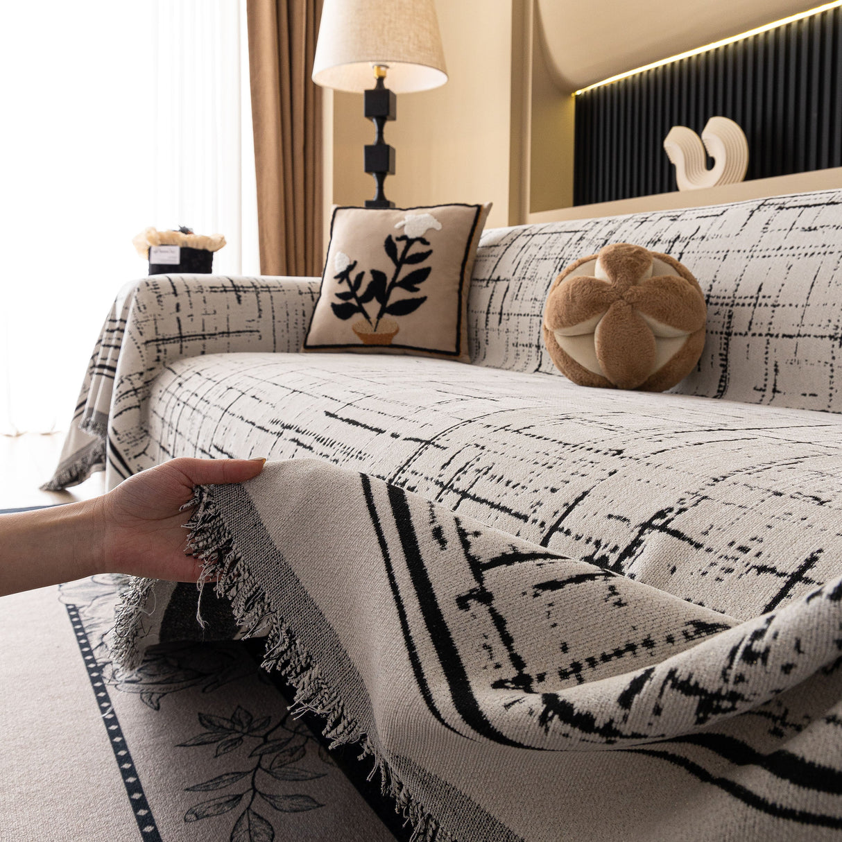 Modern Couch Protector Blanket Woven Chenille Sofa Cover Throw with Artistic Grid