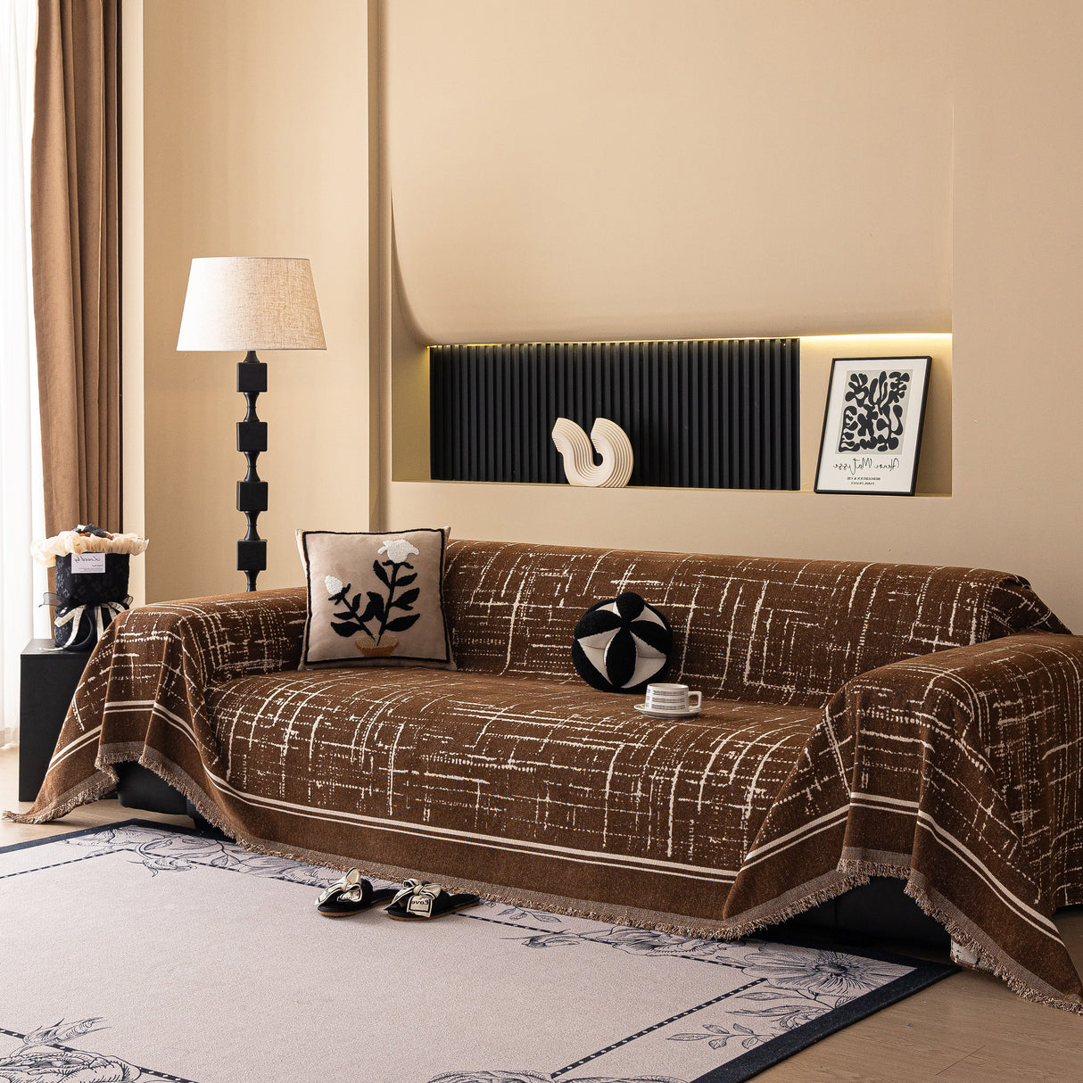 Modern Couch Protector Blanket Woven Chenille Sofa Cover Throw with Artistic Grid