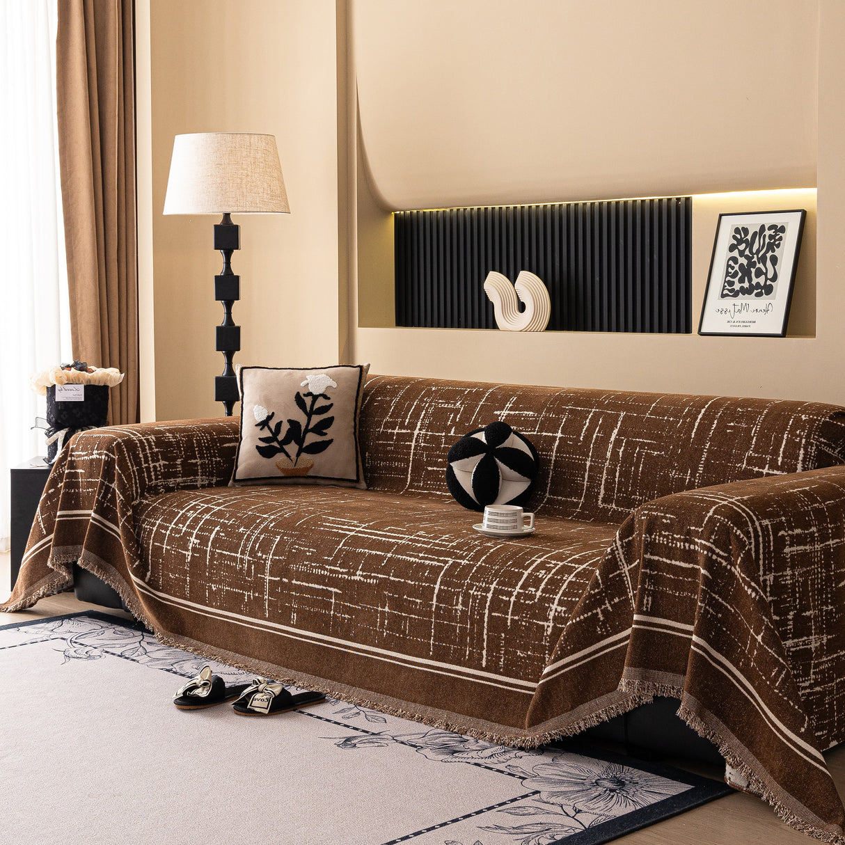 Modern Couch Protector Blanket Woven Chenille Sofa Cover Throw with Artistic Grid