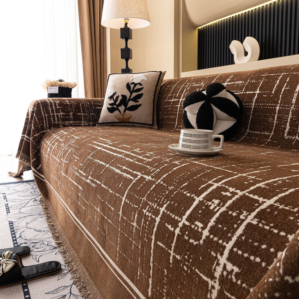 Modern Couch Protector Blanket Woven Chenille Sofa Cover Throw with Artistic Grid