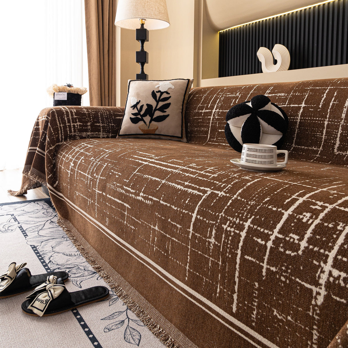 Modern Couch Protector Blanket Woven Chenille Sofa Cover Throw with Artistic Grid