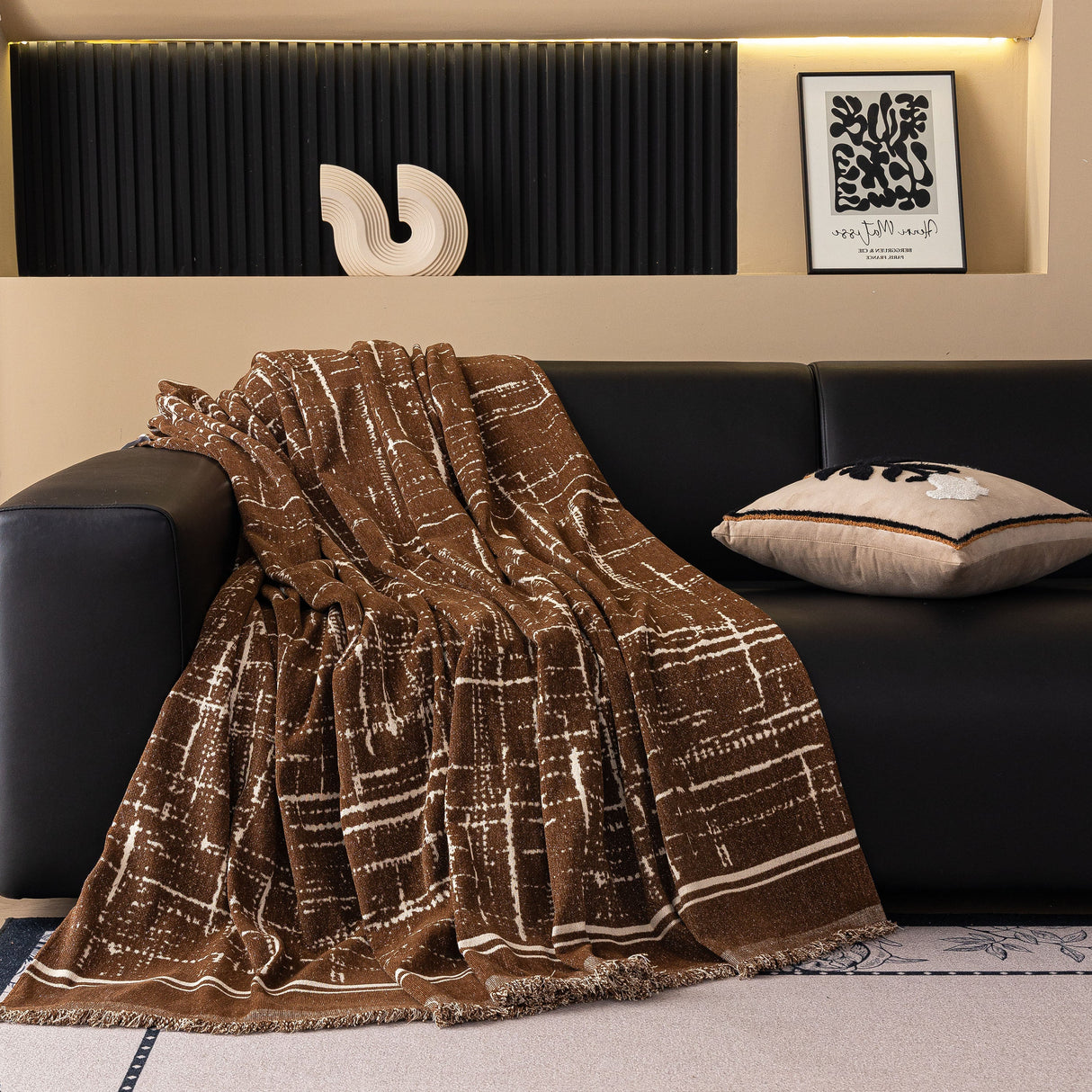 Modern Couch Protector Blanket Woven Chenille Sofa Cover Throw with Artistic Grid