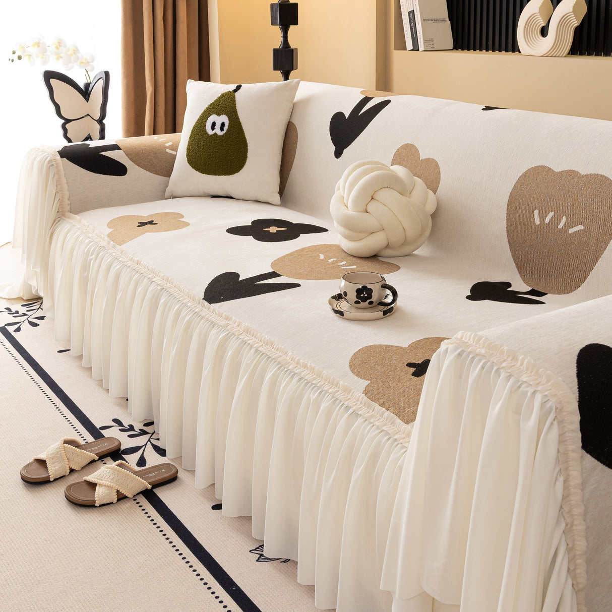 Retro Floral Sofa Cover with Sheer Ruffle Skirt, Decorative Sofa Protector Cover