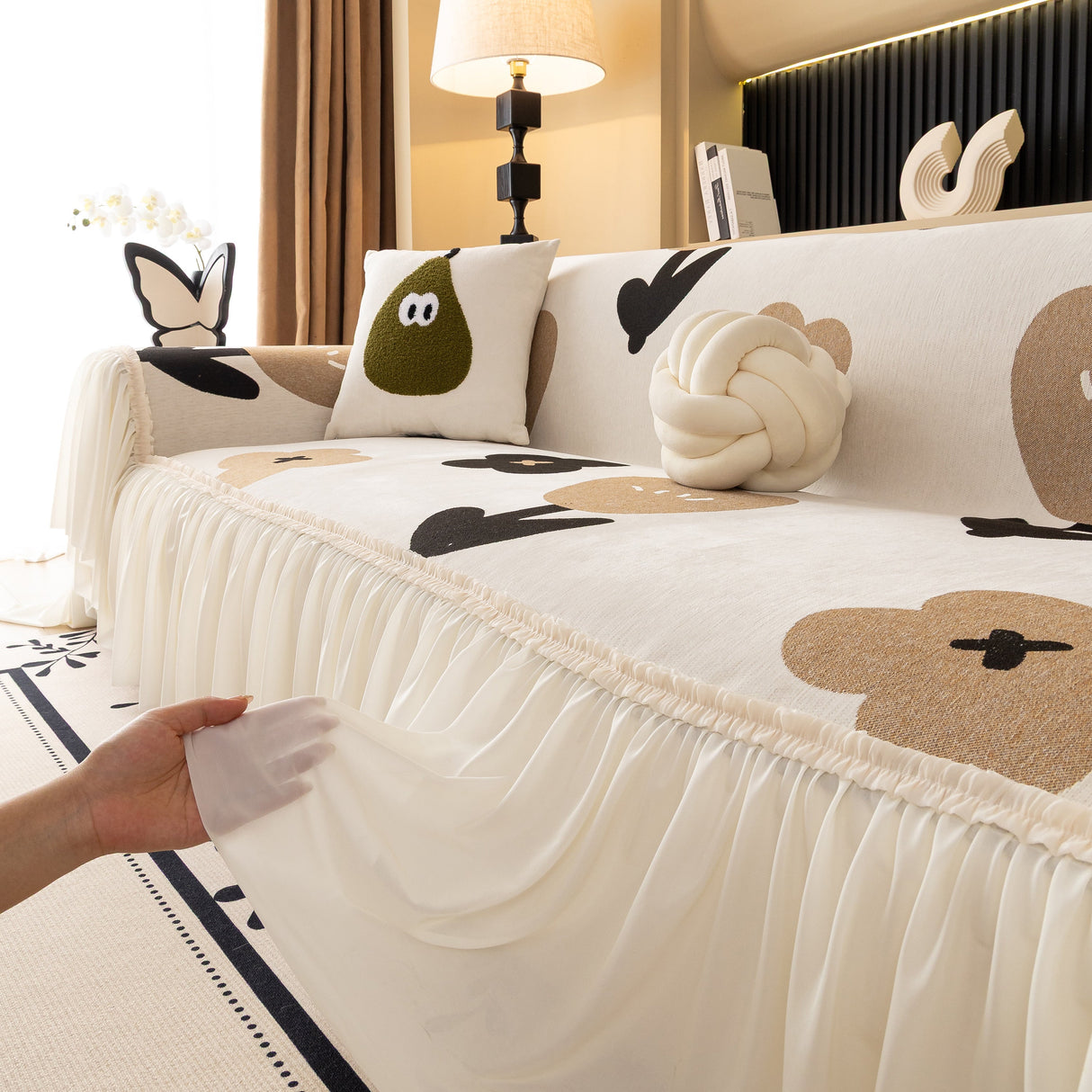 Retro Floral Sofa Cover with Sheer Ruffle Skirt, Decorative Sofa Protector Cover