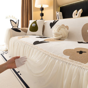 Retro Floral Sofa Cover with Sheer Ruffle Skirt, Decorative Sofa Protector Cover