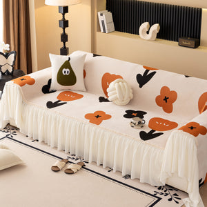 Retro Floral Sofa Cover with Sheer Ruffle Skirt, Decorative Sofa Protector Cover