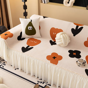 Retro Floral Sofa Cover with Sheer Ruffle Skirt, Decorative Sofa Protector Cover