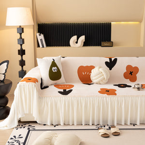 Retro Floral Sofa Cover with Sheer Ruffle Skirt, Decorative Sofa Protector Cover