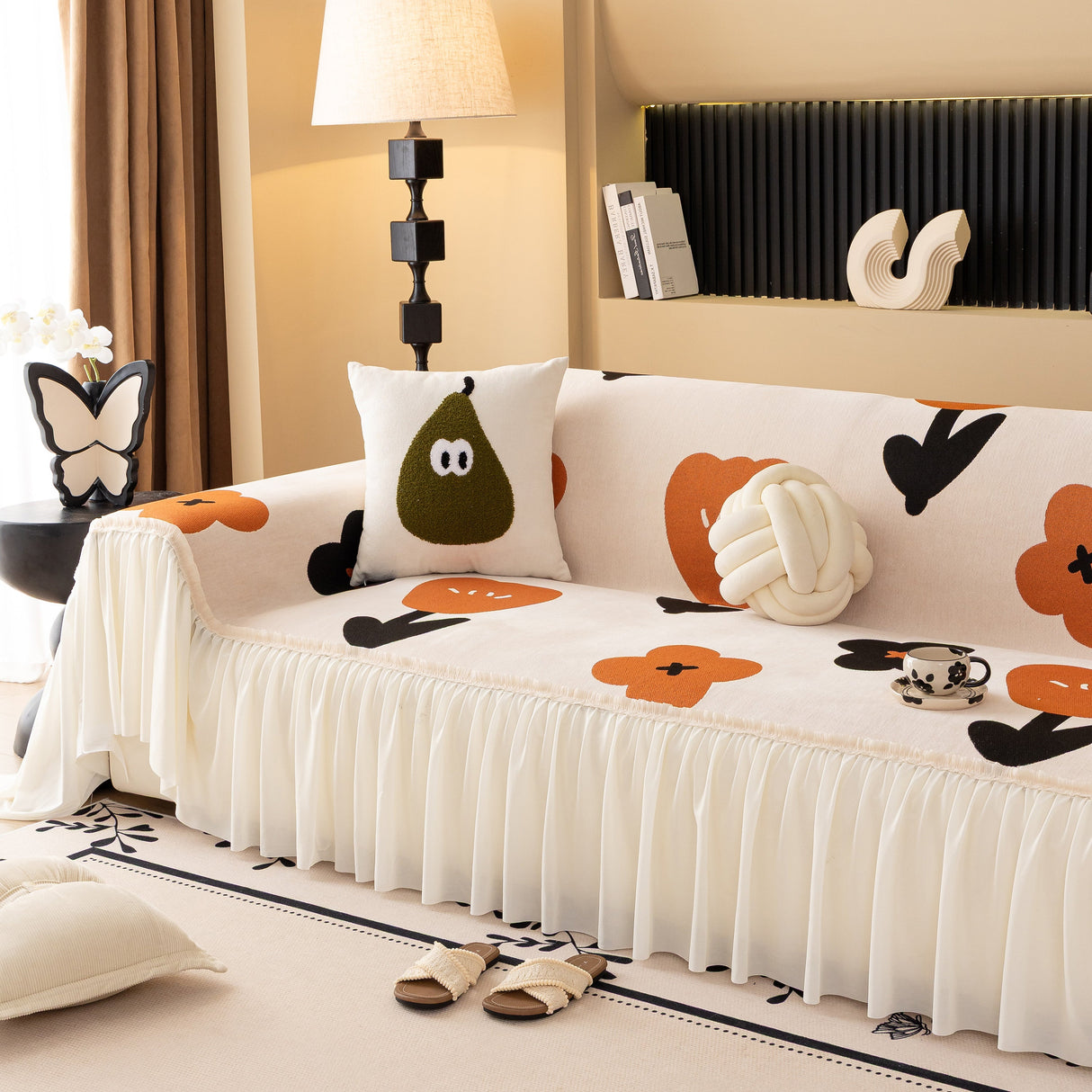 Retro Floral Sofa Cover with Sheer Ruffle Skirt, Decorative Sofa Protector Cover