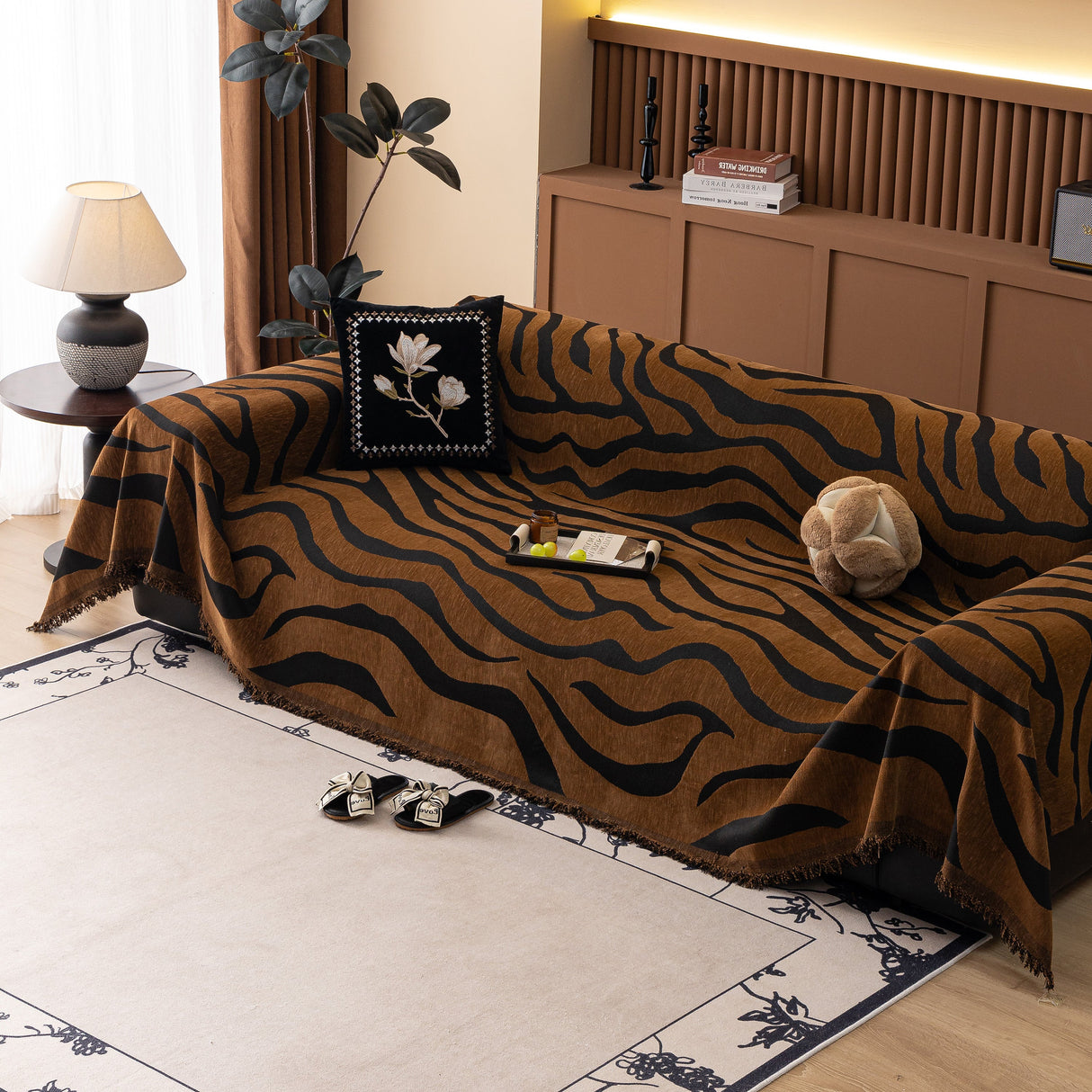 Zebra Striped Chenille Throw Sofa Cover Full-Cover Decorative Furniture Slipcover