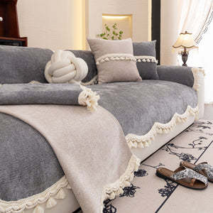 Chenille Sofa Cover Towel – Non-Slip, Washable Pets Couch Protector with Tassels