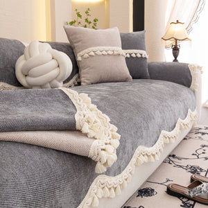 Chenille Sofa Cover Towel – Non-Slip, Washable Pets Couch Protector with Tassels