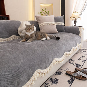 Chenille Sofa Cover Towel – Non-Slip, Washable Pets Couch Protector with Tassels