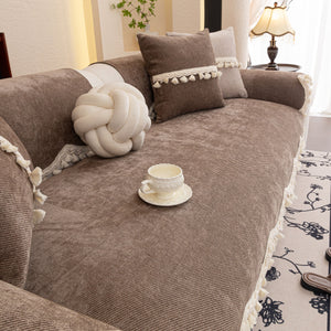 Chenille Sofa Cover Towel – Non-Slip, Washable Pets Couch Protector with Tassels