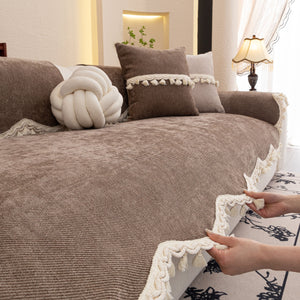 Chenille Sofa Cover Towel – Non-Slip, Washable Pets Couch Protector with Tassels