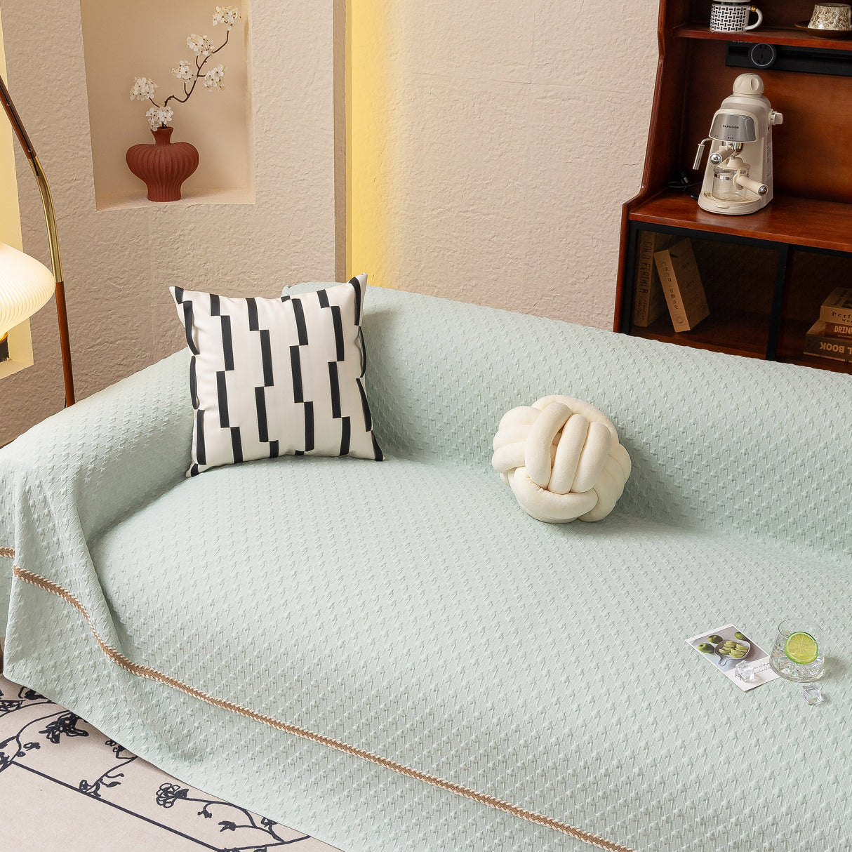 Jacquard Ice Silk Sofa Throw Cover with Gold Trim, Summer Cooling Couch Slipcover