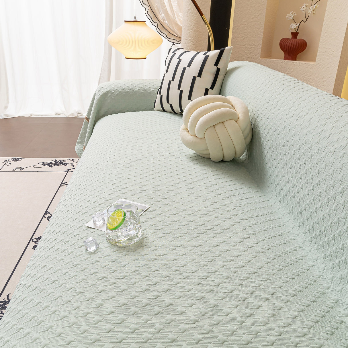 Jacquard Ice Silk Sofa Throw Cover with Gold Trim, Summer Cooling Couch Slipcover