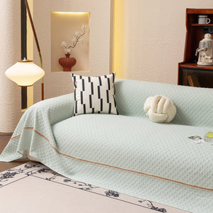 Jacquard Ice Silk Sofa Throw Cover with Gold Trim, Summer Cooling Couch Slipcover