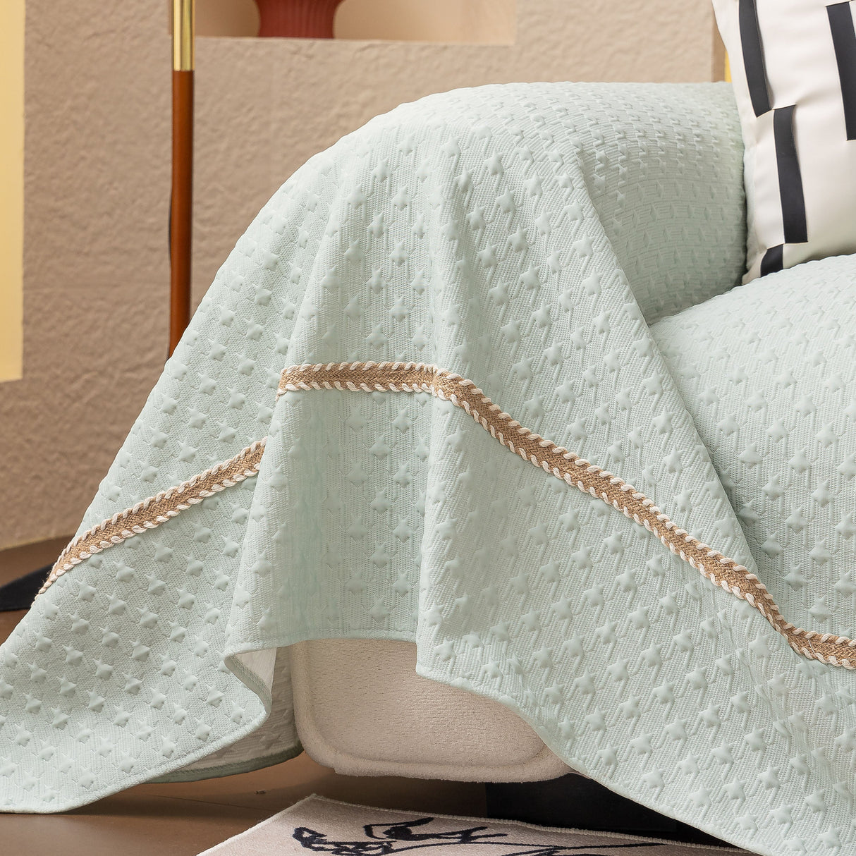 Jacquard Ice Silk Sofa Throw Cover with Gold Trim, Summer Cooling Couch Slipcover