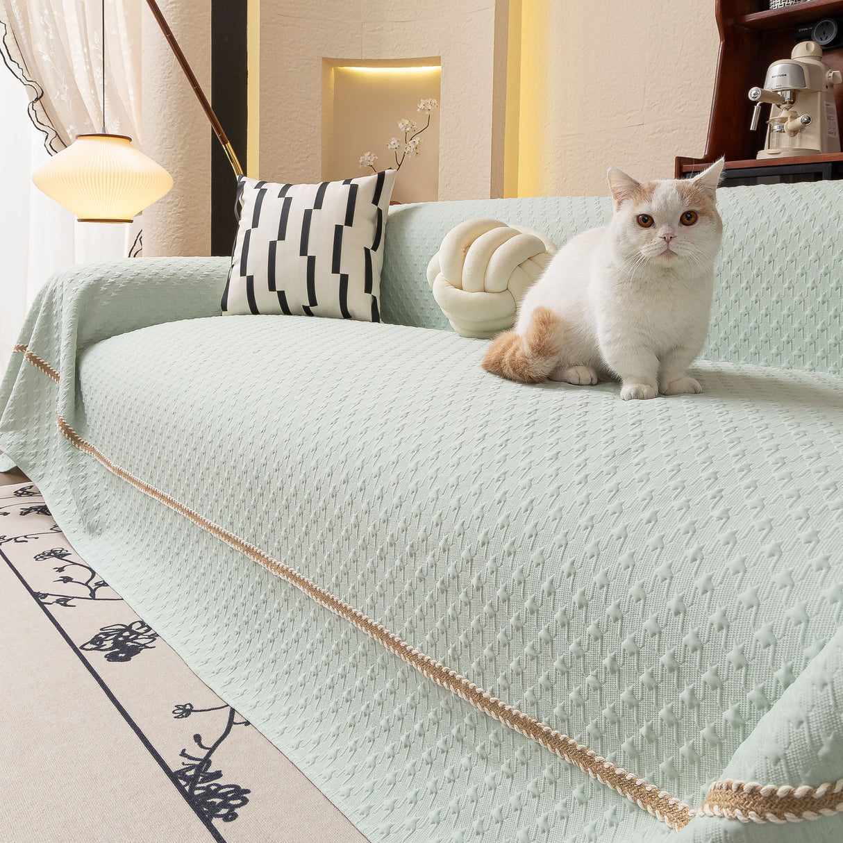 Jacquard Ice Silk Sofa Throw Cover with Gold Trim, Summer Cooling Couch Slipcover