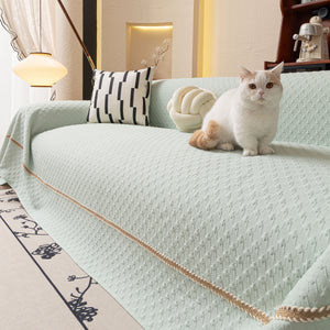 Jacquard Ice Silk Sofa Throw Cover with Gold Trim, Summer Cooling Couch Slipcover