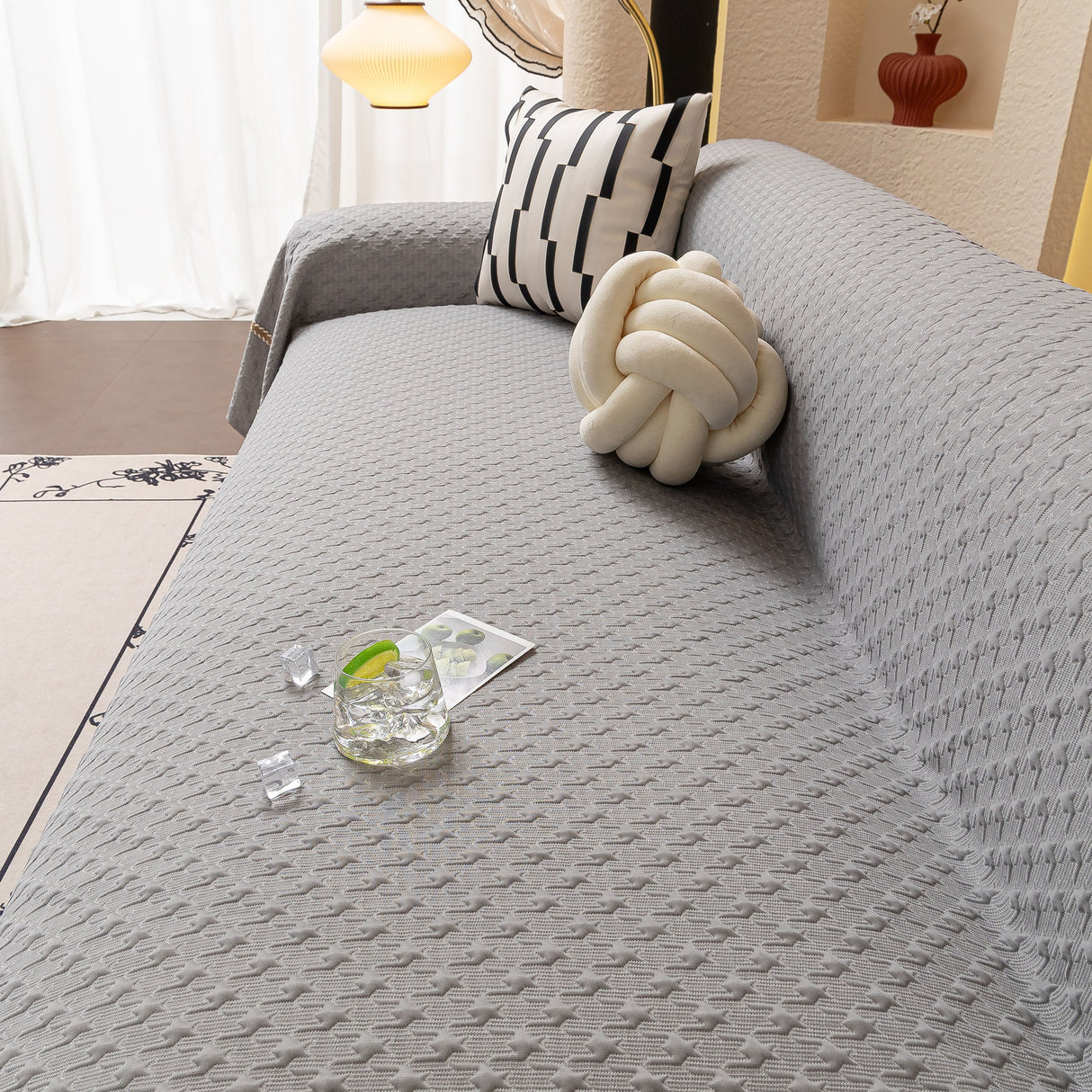 Jacquard Ice Silk Sofa Throw Cover with Gold Trim, Summer Cooling Couch Slipcover