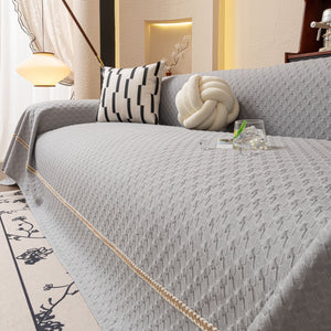 Jacquard Ice Silk Sofa Throw Cover with Gold Trim, Summer Cooling Couch Slipcover