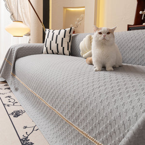 Jacquard Ice Silk Sofa Throw Cover with Gold Trim, Summer Cooling Couch Slipcover