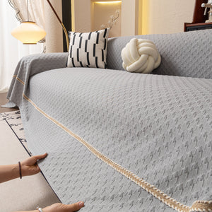 Jacquard Ice Silk Sofa Throw Cover with Gold Trim, Summer Cooling Couch Slipcover
