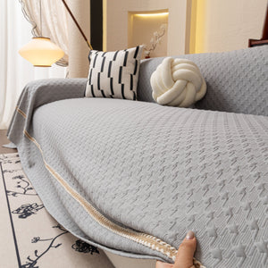 Jacquard Ice Silk Sofa Throw Cover with Gold Trim, Summer Cooling Couch Slipcover