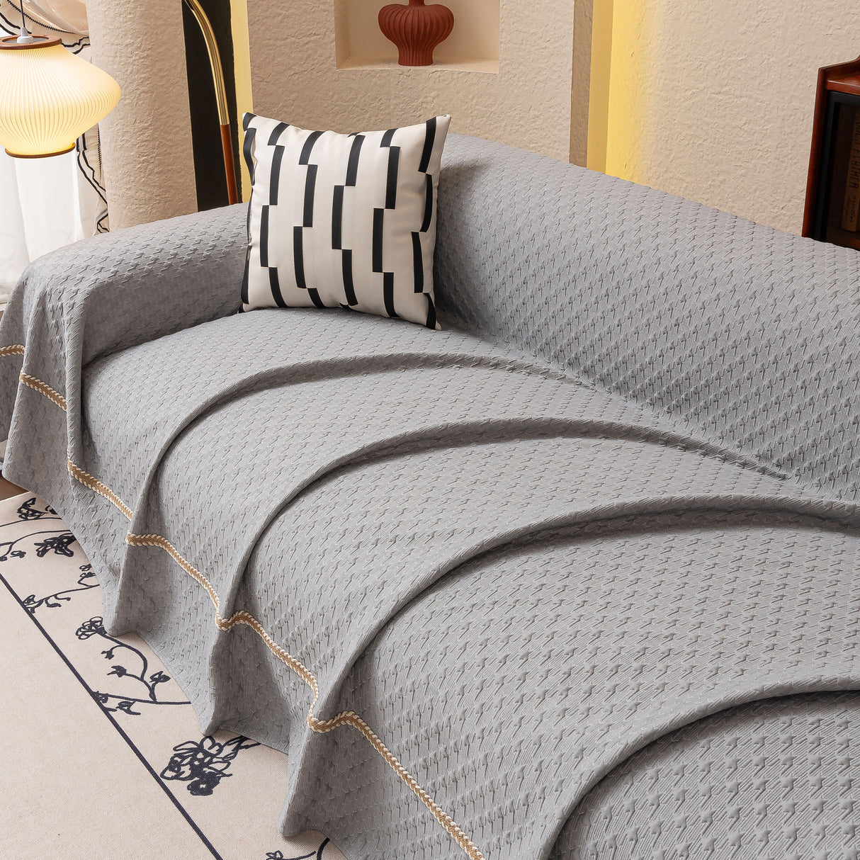 Jacquard Ice Silk Sofa Throw Cover with Gold Trim, Summer Cooling Couch Slipcover