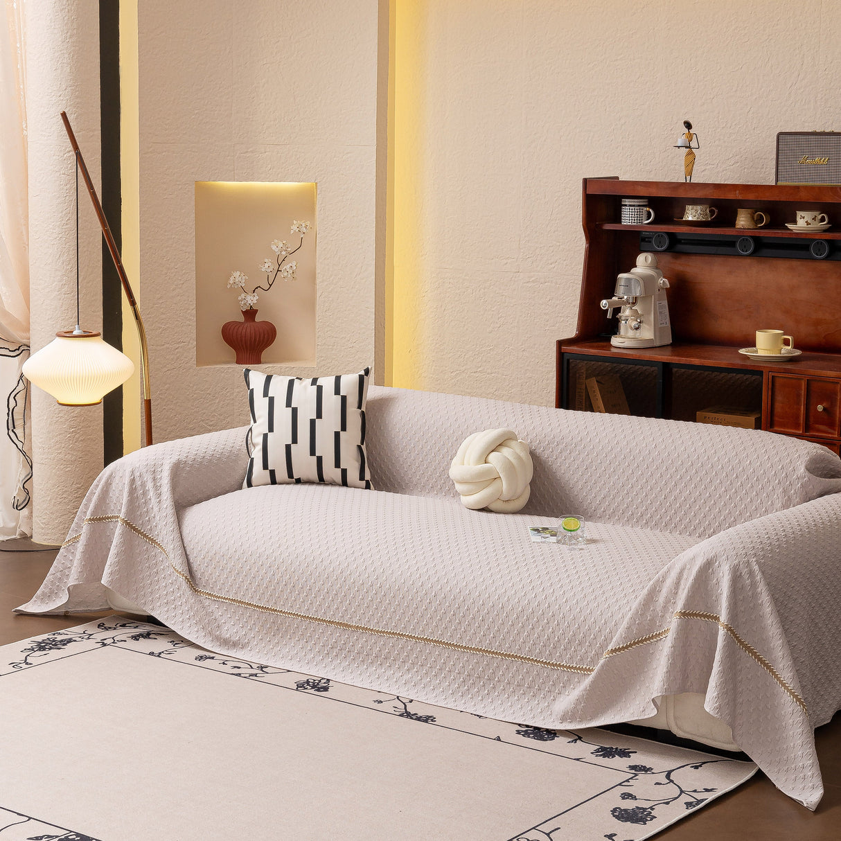 Jacquard Ice Silk Sofa Throw Cover with Gold Trim, Summer Cooling Couch Slipcover