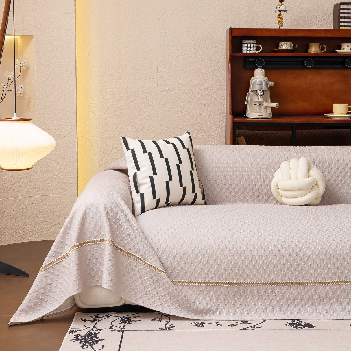 Jacquard Ice Silk Sofa Throw Cover with Gold Trim, Summer Cooling Couch Slipcover