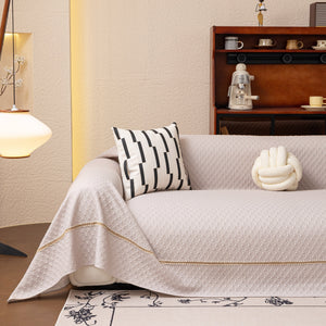 Jacquard Ice Silk Sofa Throw Cover with Gold Trim, Summer Cooling Couch Slipcover
