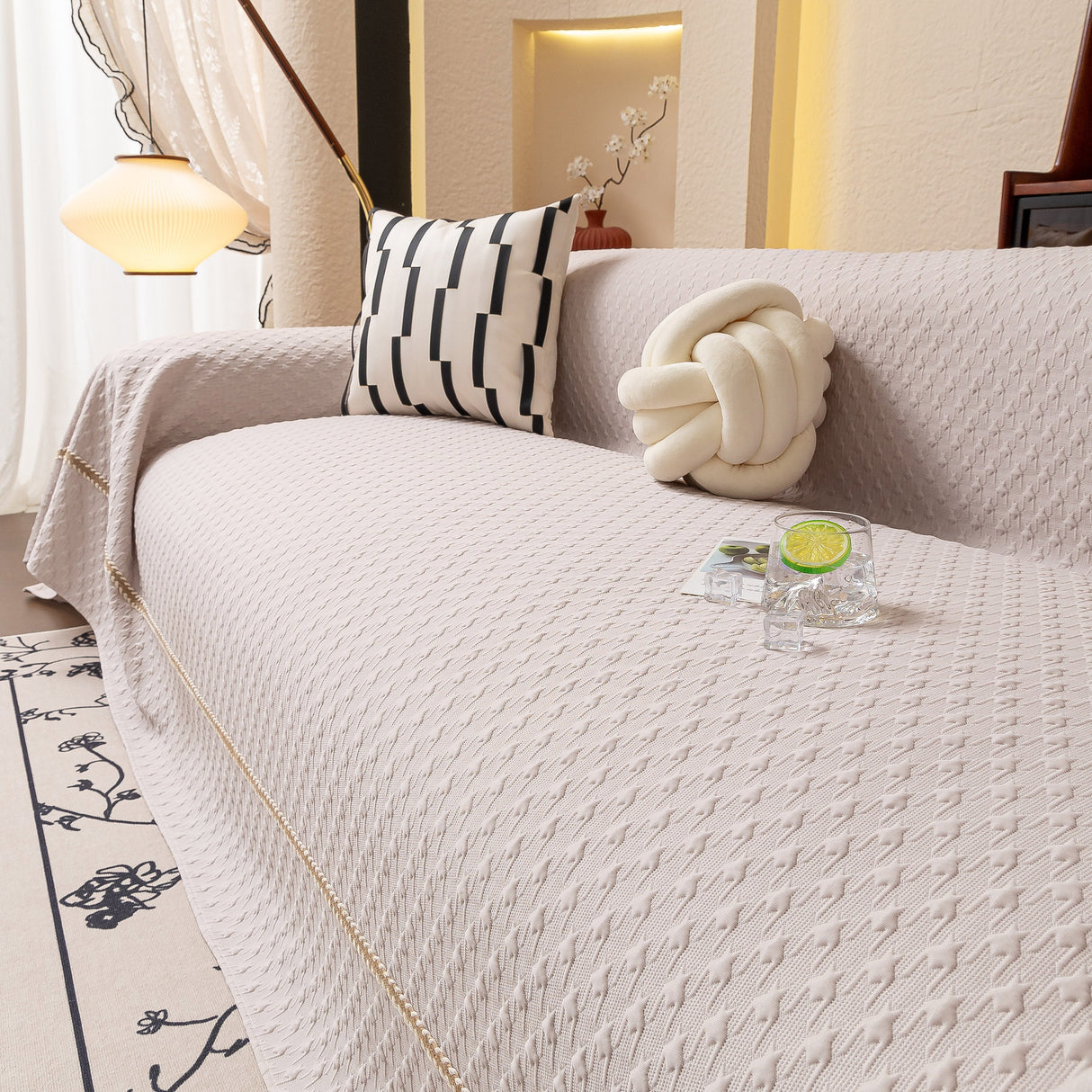 Jacquard Ice Silk Sofa Throw Cover with Gold Trim, Summer Cooling Couch Slipcover