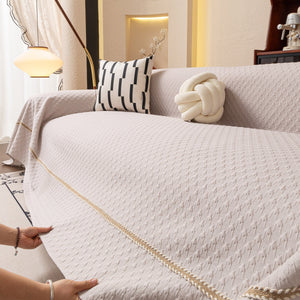 Jacquard Ice Silk Sofa Throw Cover with Gold Trim, Summer Cooling Couch Slipcover