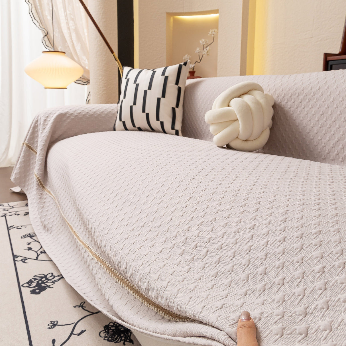 Jacquard Ice Silk Sofa Throw Cover with Gold Trim, Summer Cooling Couch Slipcover