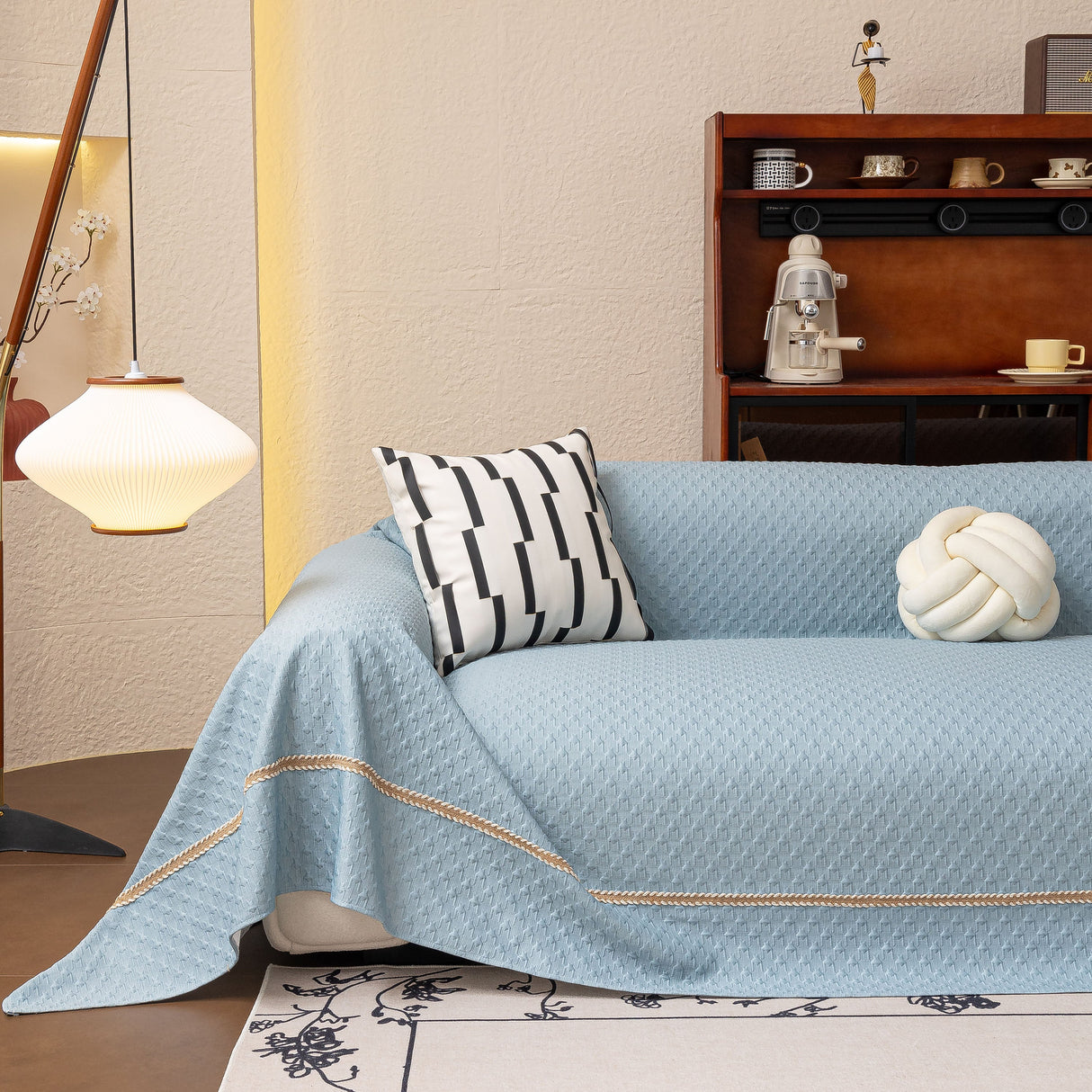 Jacquard Ice Silk Sofa Throw Cover with Gold Trim, Summer Cooling Couch Slipcover