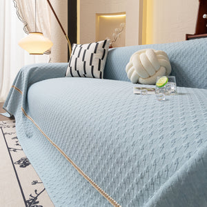 Jacquard Ice Silk Sofa Throw Cover with Gold Trim, Summer Cooling Couch Slipcover