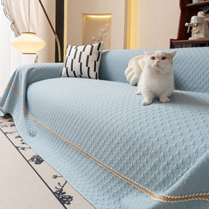 Jacquard Ice Silk Sofa Throw Cover with Gold Trim, Summer Cooling Couch Slipcover